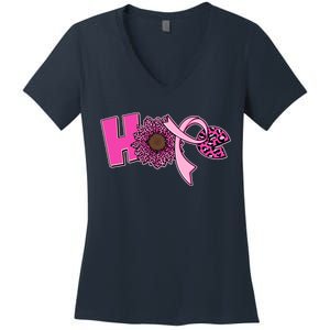 Hope Pink Leopard Print Sunflower Breast Cancer Awareness Women's V-Neck T-Shirt