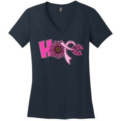 Hope Pink Leopard Print Sunflower Breast Cancer Awareness Women's V-Neck T-Shirt