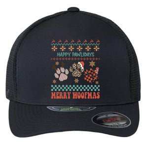 Happy Pawlidays Merry Woofmas Leopard Red Buffalo Plaid Xmas Gift Flexfit Unipanel Trucker Cap