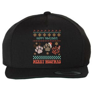 Happy Pawlidays Merry Woofmas Leopard Red Buffalo Plaid Xmas Gift Wool Snapback Cap