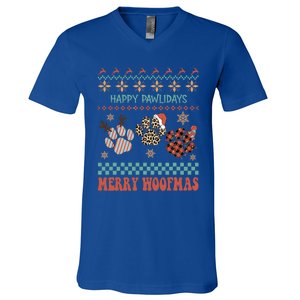 Happy Pawlidays Merry Woofmas Leopard Red Buffalo Plaid Xmas Gift V-Neck T-Shirt