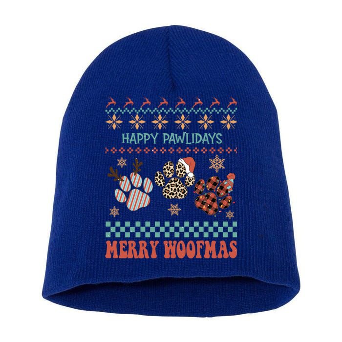 Happy Pawlidays Merry Woofmas Leopard Red Buffalo Plaid Xmas Gift Short Acrylic Beanie