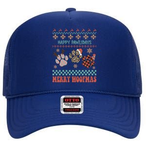 Happy Pawlidays Merry Woofmas Leopard Red Buffalo Plaid Xmas Gift High Crown Mesh Back Trucker Hat