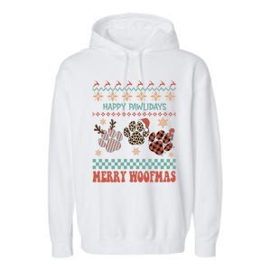 Happy Pawlidays Merry Woofmas Leopard Red Buffalo Plaid Xmas Gift Garment-Dyed Fleece Hoodie