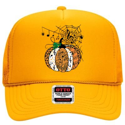 Halloween Pumpkin Music Symbols Music Teacher Halloween High Crown Mesh Back Trucker Hat