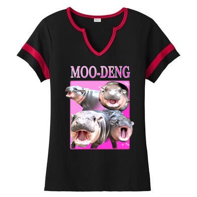 Hot Pink Moo Deng Hippo Meme Funny Ladies Halftime Notch Neck Tee