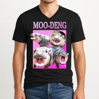 Hot Pink Moo Deng Hippo Meme Funny V-Neck T-Shirt