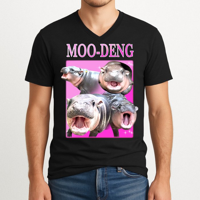 Hot Pink Moo Deng Hippo Meme Funny V-Neck T-Shirt