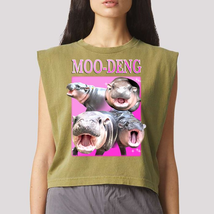 Hot Pink Moo Deng Hippo Meme Funny Garment-Dyed Women's Muscle Tee