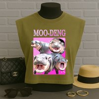 Hot Pink Moo Deng Hippo Meme Funny Garment-Dyed Women's Muscle Tee