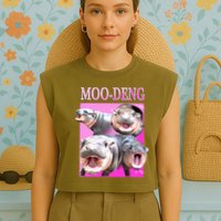 Hot Pink Moo Deng Hippo Meme Funny Garment-Dyed Women's Muscle Tee