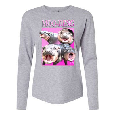 Hot Pink Moo Deng Hippo Meme Funny Womens Cotton Relaxed Long Sleeve T-Shirt