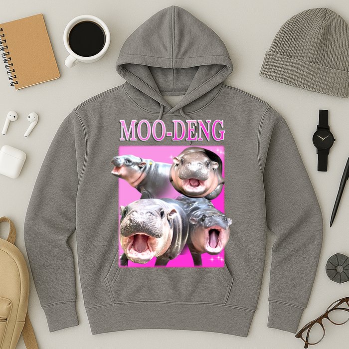 Hot Pink Moo Deng Hippo Meme Funny Hoodie