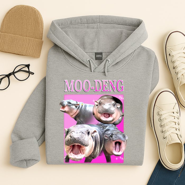 Hot Pink Moo Deng Hippo Meme Funny Hoodie