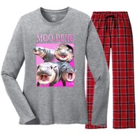 Hot Pink Moo Deng Hippo Meme Funny Women's Long Sleeve Flannel Pajama Set 