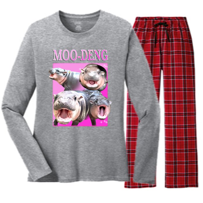 Hot Pink Moo Deng Hippo Meme Funny Women's Long Sleeve Flannel Pajama Set 