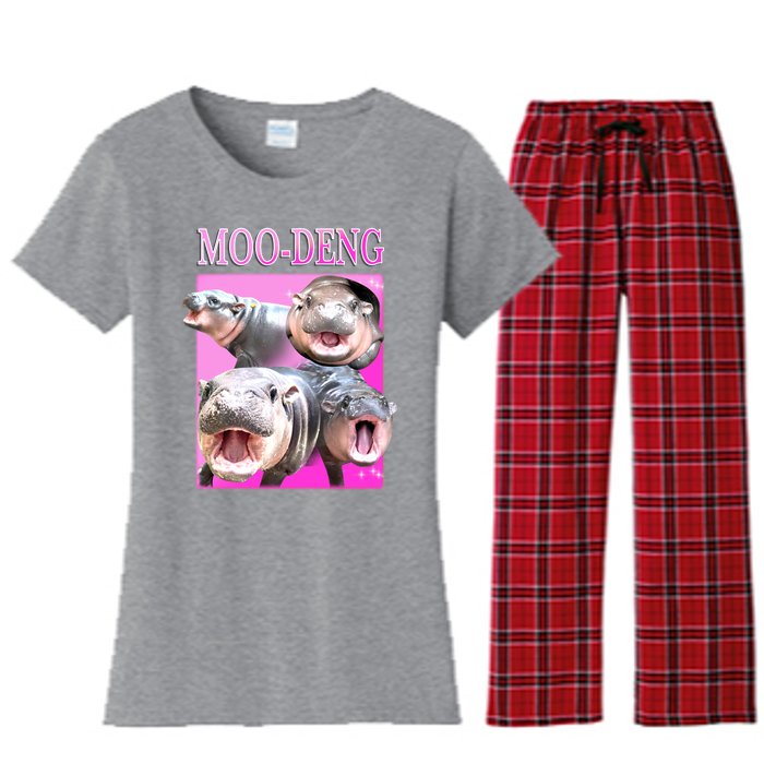 Hot Pink Moo Deng Hippo Meme Funny Women's Flannel Pajama Set