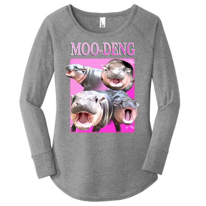 Hot Pink Moo Deng Hippo Meme Funny Women's Perfect Tri Tunic Long Sleeve Shirt