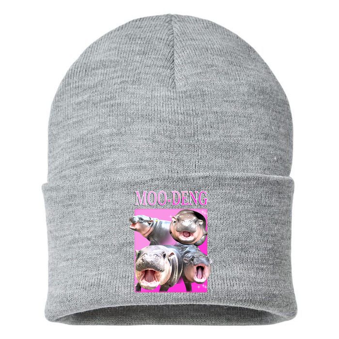 Hot Pink Moo Deng Hippo Meme Funny Sustainable Knit Beanie