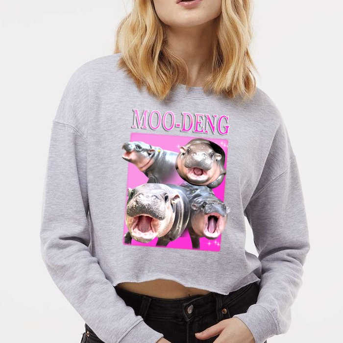 Hot Pink Moo Deng Hippo Meme Funny Cropped Pullover Crew