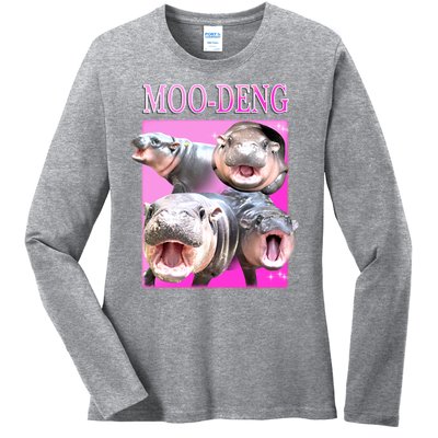 Hot Pink Moo Deng Hippo Meme Funny Ladies Long Sleeve Shirt