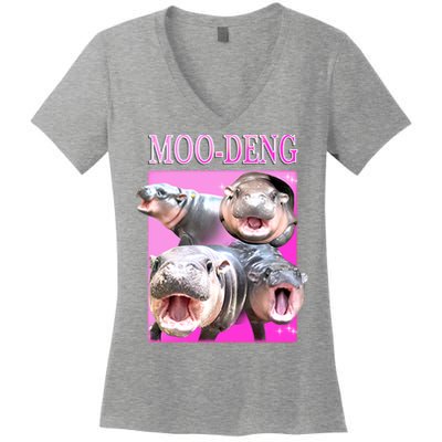 Hot Pink Moo Deng Hippo Meme Funny Women's V-Neck T-Shirt