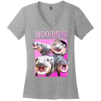 Hot Pink Moo Deng Hippo Meme Funny Women's V-Neck T-Shirt