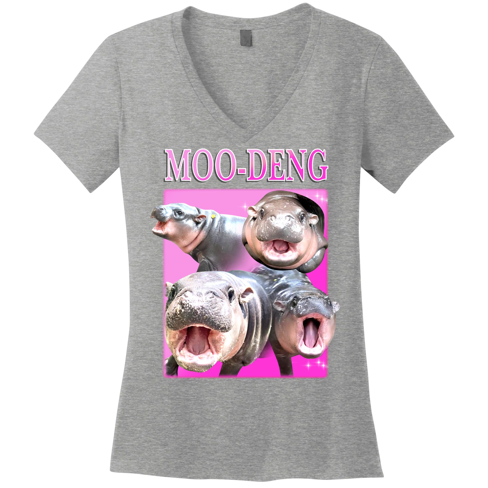 Hot Pink Moo Deng Hippo Meme Funny Women's V-Neck T-Shirt