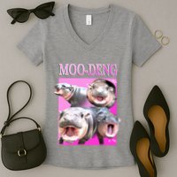 Hot Pink Moo Deng Hippo Meme Funny Women's V-Neck T-Shirt