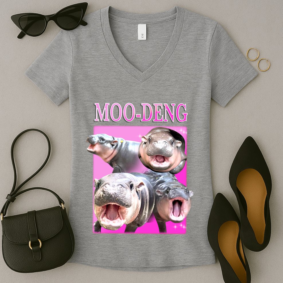 Hot Pink Moo Deng Hippo Meme Funny Women's V-Neck T-Shirt