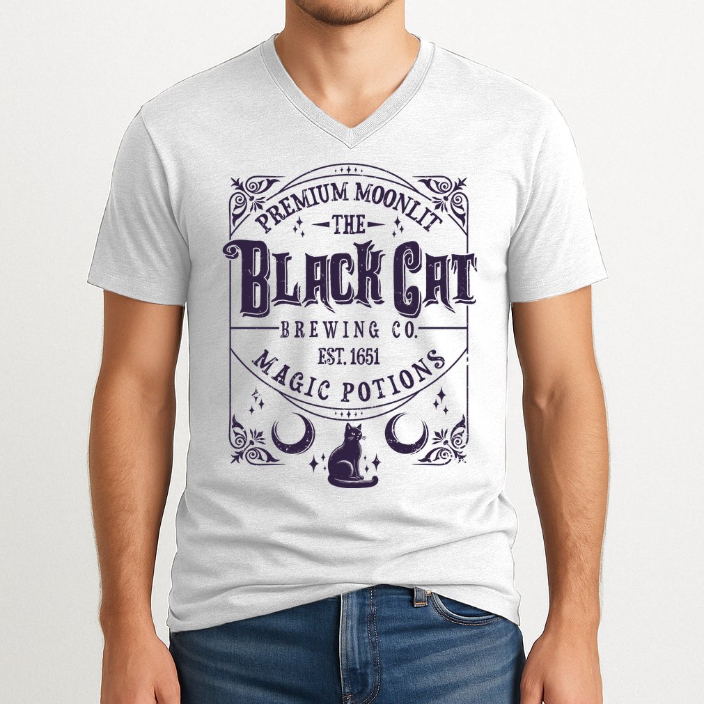 Halloween Premium Moonlit The Black Cat Magic Potions Est 1651 V-Neck T-Shirt