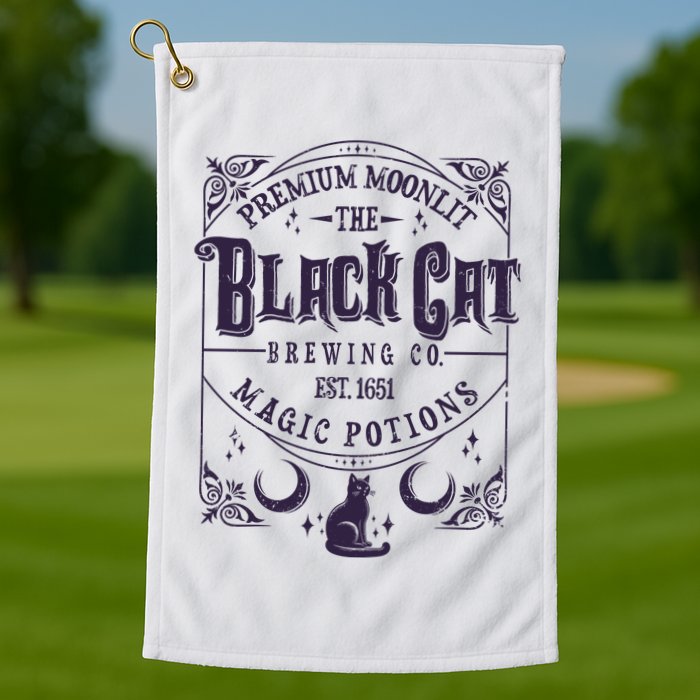 Halloween Premium Moonlit The Black Cat Magic Potions Est 1651 Golf Towel