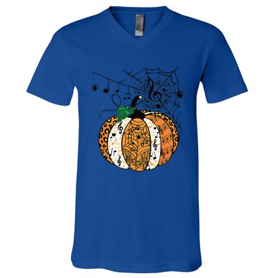 Halloween Pumpkin Music Symbols Music Teacher Halloween V-Neck T-Shirt