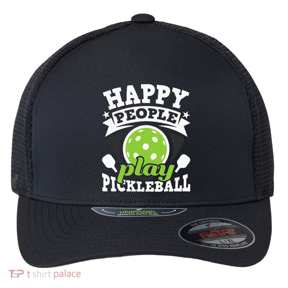 Happy People Play Pickleball Paddleball Player Flexfit Unipanel Trucker Cap