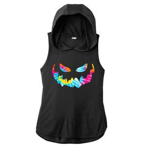 Halloween Pumpkin Pink Yellow Blue Tie Dye Face Ladies PosiCharge Tri-Blend Wicking Draft Hoodie Tank