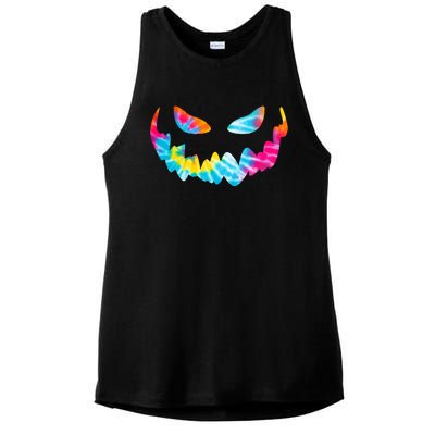 Halloween Pumpkin Pink Yellow Blue Tie Dye Face Ladies PosiCharge Tri-Blend Wicking Tank