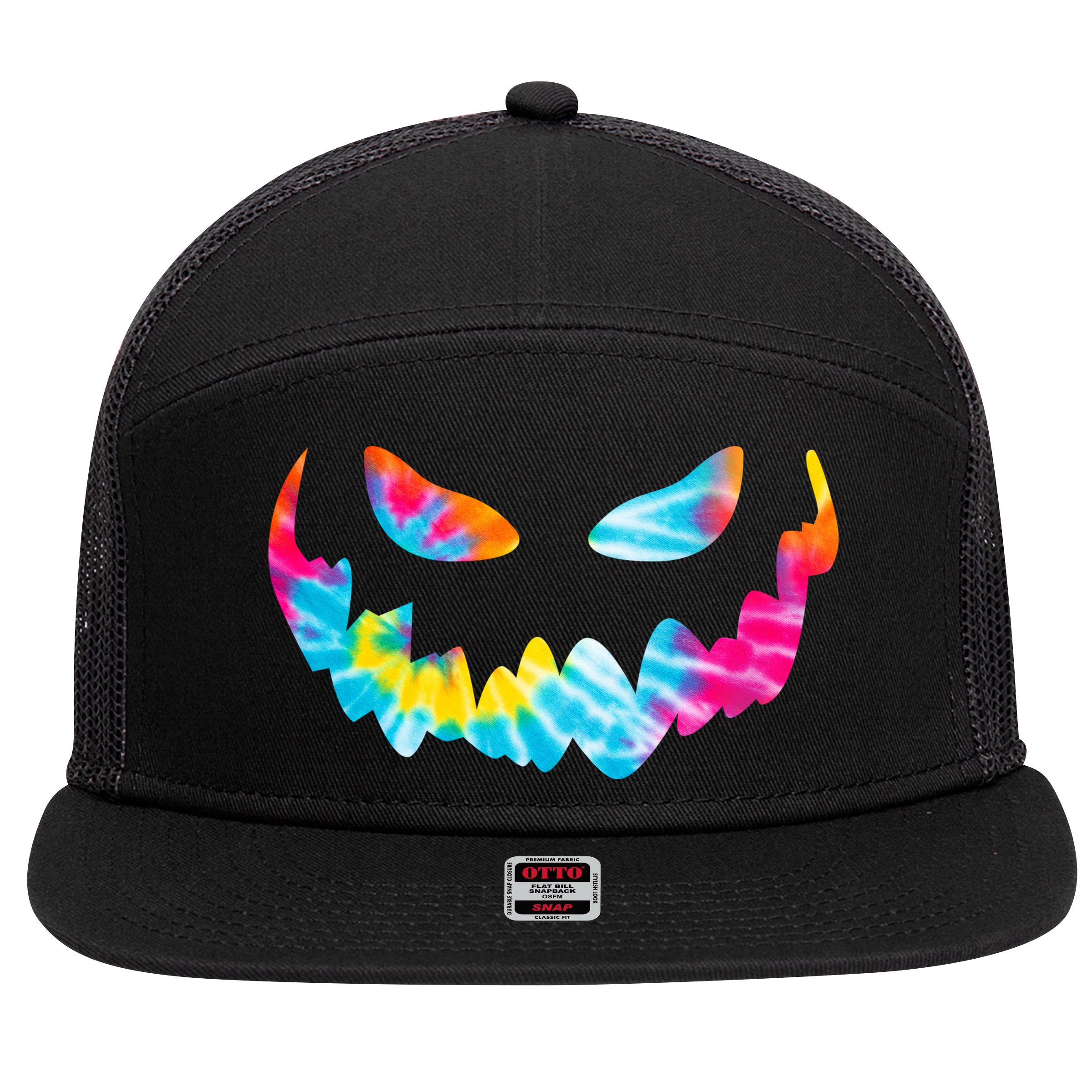 Halloween Pumpkin Pink Yellow Blue Tie Dye Face 7 Panel Mesh Trucker Snapback Hat