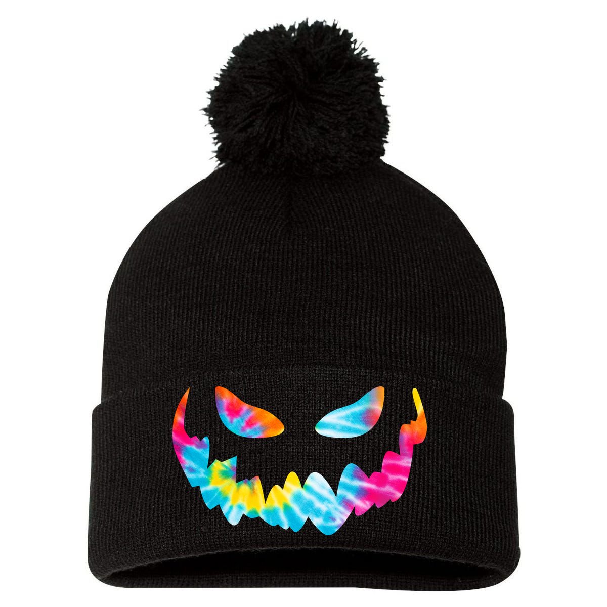 Halloween Pumpkin Pink Yellow Blue Tie Dye Face Pom Pom 12in Knit Beanie