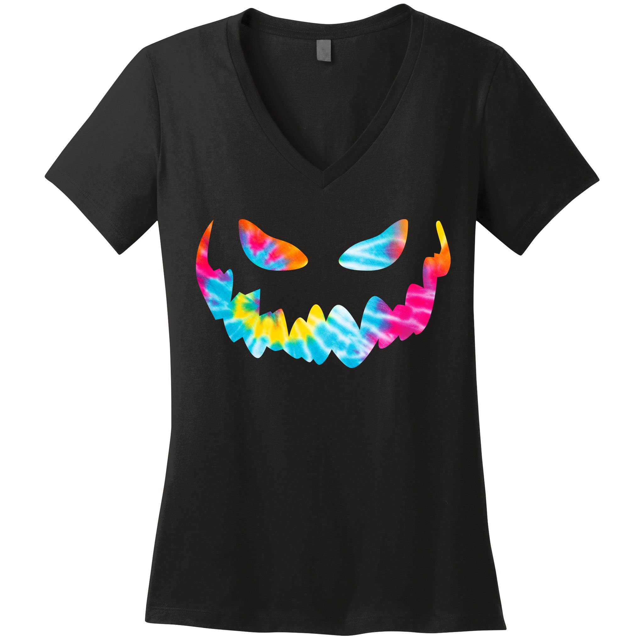 Halloween Pumpkin Pink Yellow Blue Tie Dye Face Women's V-Neck T-Shirt