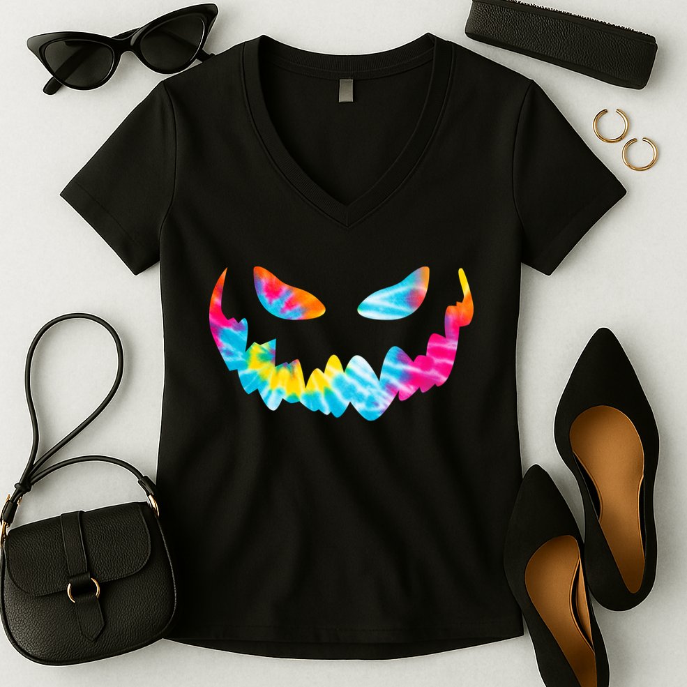 Halloween Pumpkin Pink Yellow Blue Tie Dye Face Women's V-Neck T-Shirt