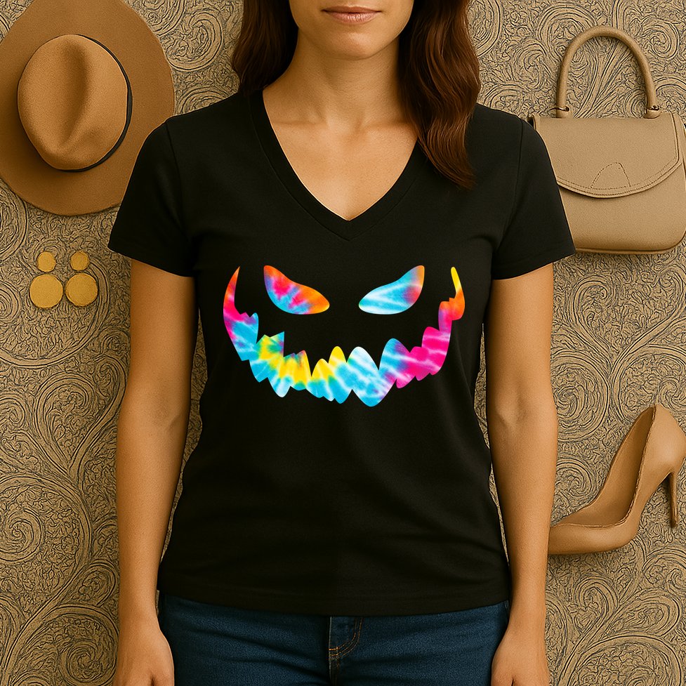 Halloween Pumpkin Pink Yellow Blue Tie Dye Face Women's V-Neck T-Shirt