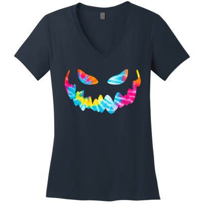 Halloween Pumpkin Pink Yellow Blue Tie Dye Face Women's V-Neck T-Shirt