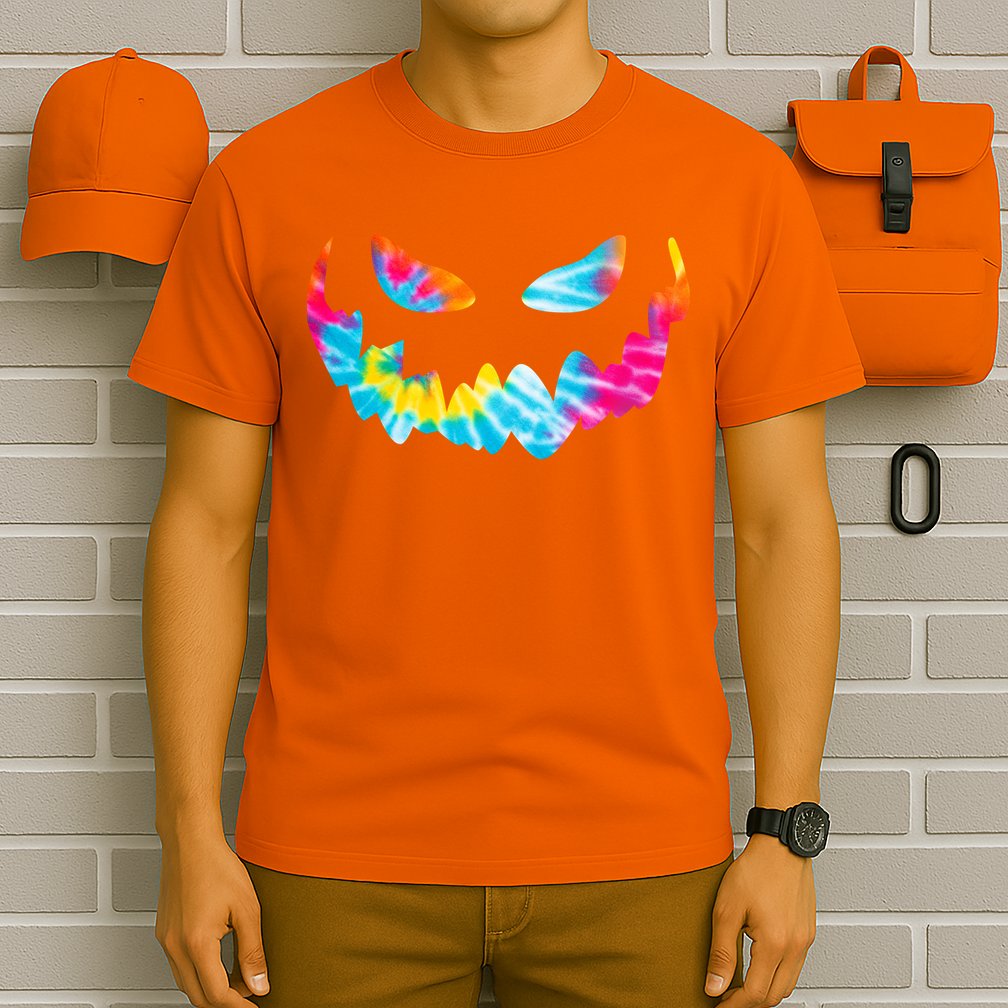 Halloween Pumpkin Pink Yellow Blue Tie Dye Face T-Shirt