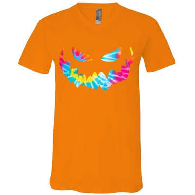 Halloween Pumpkin Pink Yellow Blue Tie Dye Face V-Neck T-Shirt