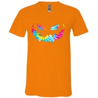 Halloween Pumpkin Pink Yellow Blue Tie Dye Face V-Neck T-Shirt