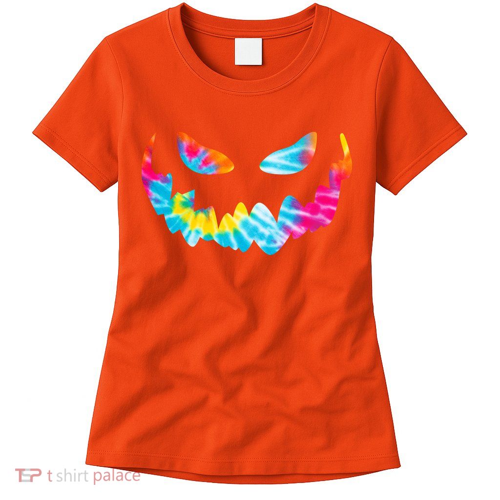 Halloween Pumpkin Pink Yellow Blue Tie Dye Face Womens T-Shirt
