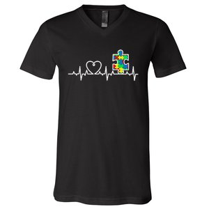 Heart Puzzle Piece Heartbeat Cool Autism Awareness Gift V-Neck T-Shirt