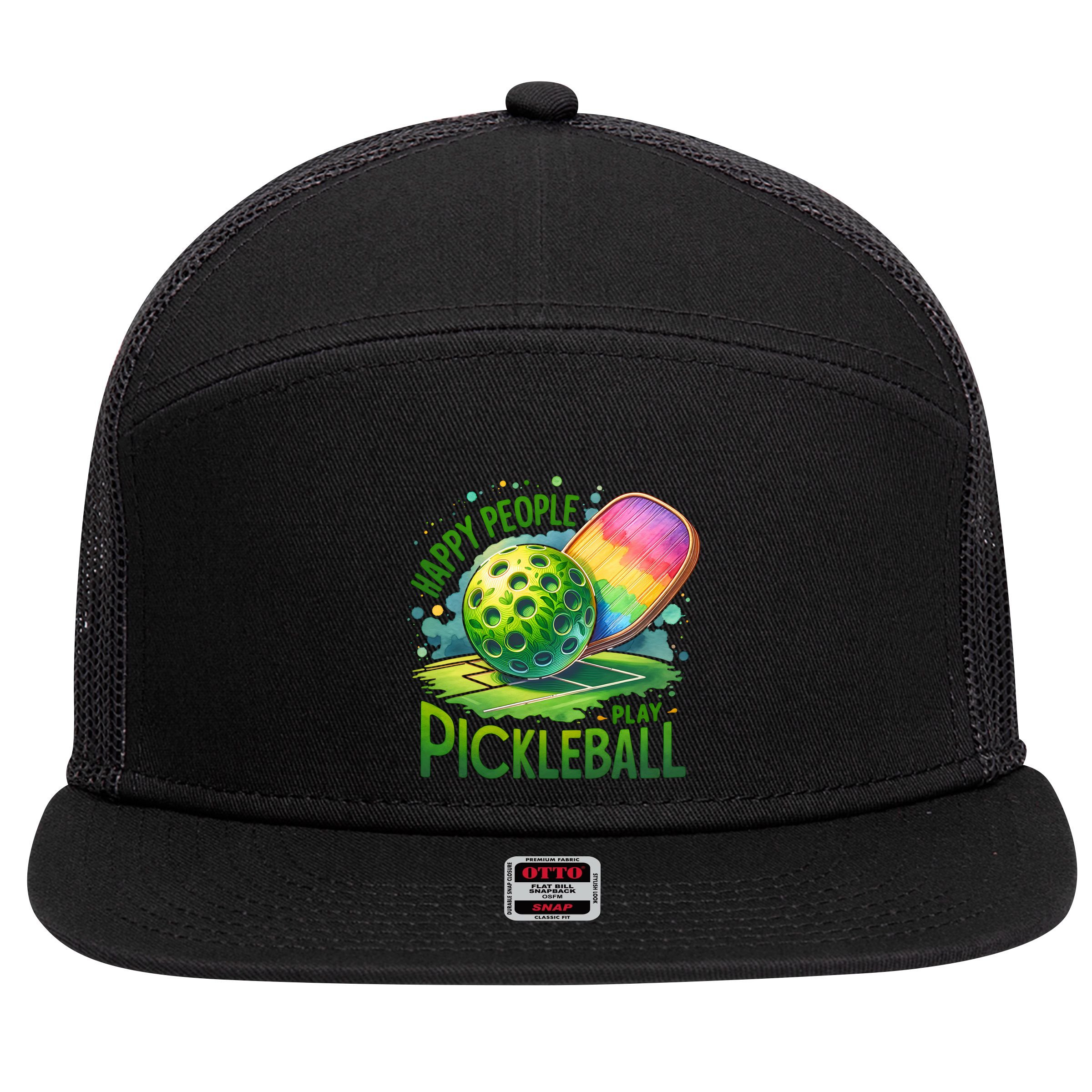 Happy People Play Pickleball 7 Panel Mesh Trucker Snapback Hat
