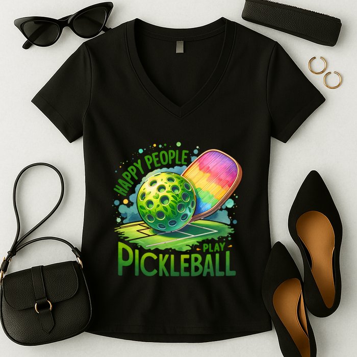 Happy People Play Pickleball Women's V-Neck T-Shirt