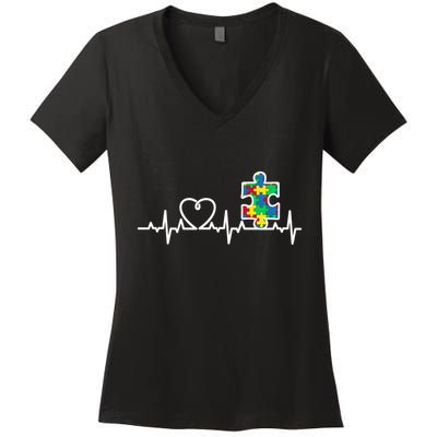 Heart Puzzle Piece Heartbeat Cool Autism Awareness Gift Women's V-Neck T-Shirt